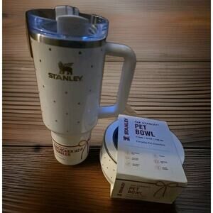 Stanley Quencher H2.0 40oz Tumbler + Stanley Pet Bowl Bundle | White Gold Polka